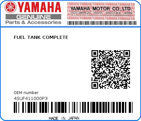 Product image: Yamaha - 4SUF411000P3 - FUEL TANK COMPLETE 