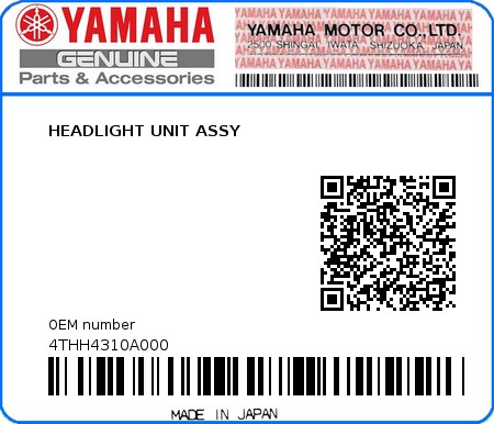 Product image: Yamaha - 4THH4310A000 - HEADLIGHT UNIT ASSY 