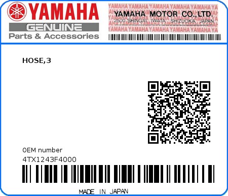 Product image: Yamaha - 4TX1243F4000 - HOSE,3  0