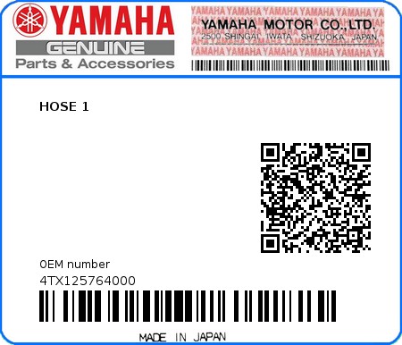 Product image: Yamaha - 4TX125764000 - HOSE 1 