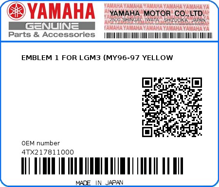 Product image: Yamaha - 4TX217811000 - EMBLEM 1 FOR LGM3 (MY96-97 YELLOW   0