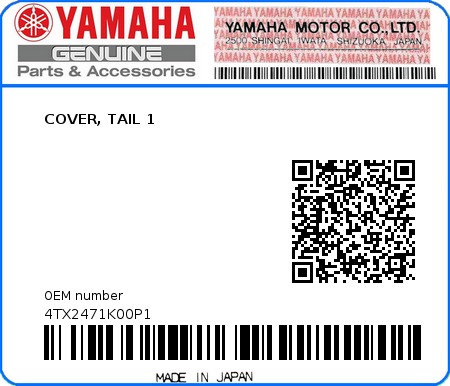 Product image: Yamaha - 4TX2471K00P1 - COVER, TAIL 1  0