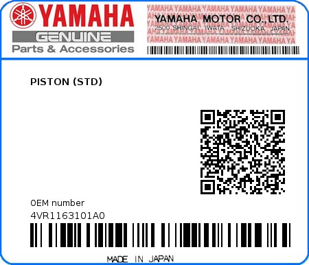Product image: Yamaha - 4VR1163101A0 - PISTON (STD)  0