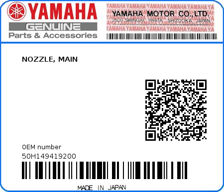 Product image: Yamaha - 50H149419200 - NOZZLE, MAIN  0