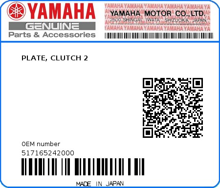 Product image: Yamaha - 517165242000 - PLATE, CLUTCH 2  0