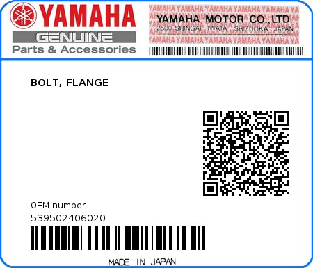 Product image: Yamaha - 539502406020 - BOLT, FLANGE   0