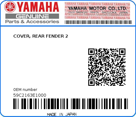 Product image: Yamaha - 59C2163E1000 - COVER, REAR FENDER 2  0