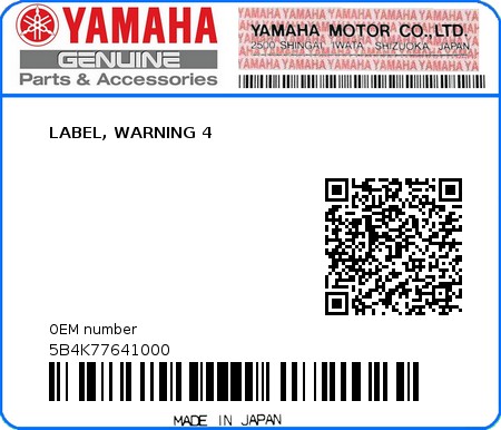 Product image: Yamaha - 5B4K77641000 - LABEL, WARNING 4  0