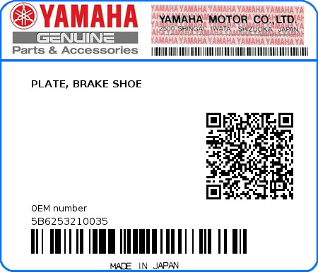 Product image: Yamaha - 5B6253210035 - PLATE, BRAKE SHOE 