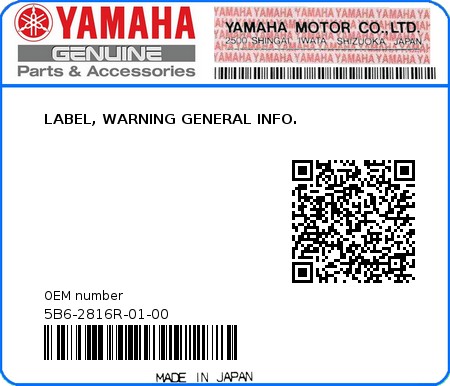 Product image: Yamaha - 5B6-2816R-01-00 - LABEL, WARNING GENERAL INFO. 