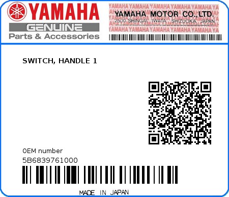 Product image: Yamaha - 5B6839761000 - SWITCH, HANDLE 1  0