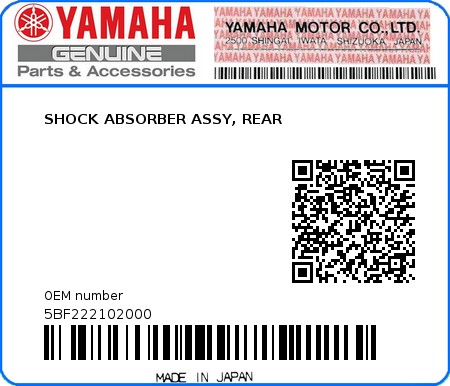 Product image: Yamaha - 5BF222102000 - SHOCK ABSORBER ASSY, REAR  0