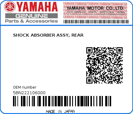 Product image: Yamaha - 5BN222106000 - SHOCK ABSORBER ASSY, REAR  0