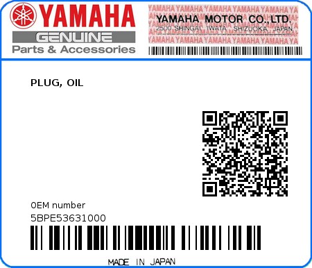 Product image: Yamaha - 5BPE53631000 - PLUG, OIL 