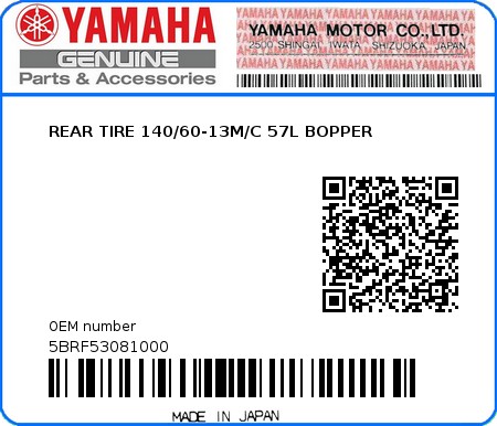 Product image: Yamaha - 5BRF53081000 - REAR TIRE 140/60-13M/C 57L BOPPER   0