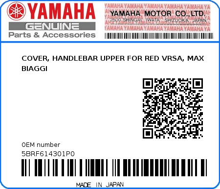 Product image: Yamaha - 5BRF614301P0 - COVER, HANDLEBAR UPPER FOR RED VRSA, MAX BIAGGI 