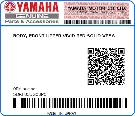 Product image: Yamaha - 5BRF835G00P0 - BODY, FRONT UPPER VIVID RED SOLID VRSA  0