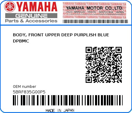 Product image: Yamaha - 5BRF835G00P5 - BODY, FRONT UPPER DEEP PURPLISH BLUE DPBMC  0