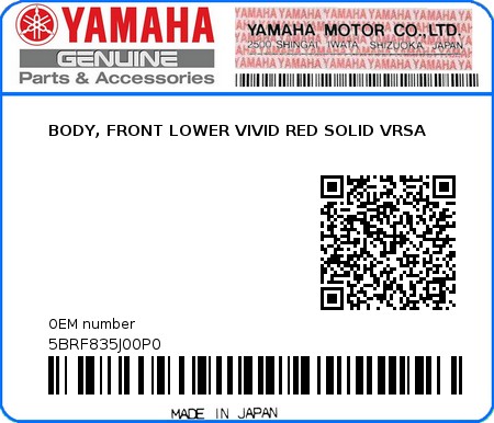 Product image: Yamaha - 5BRF835J00P0 - BODY, FRONT LOWER VIVID RED SOLID VRSA  0