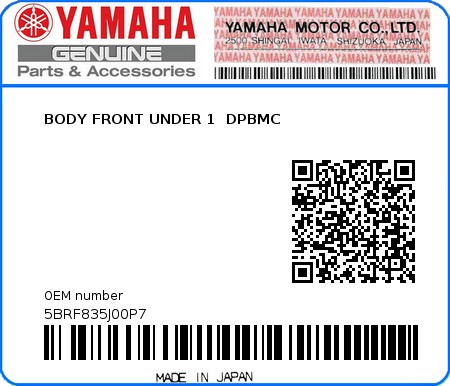 Product image: Yamaha - 5BRF835J00P7 - BODY FRONT UNDER 1  DPBMC  0