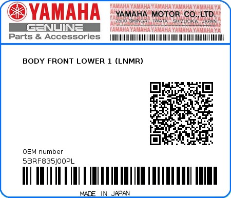 Product image: Yamaha - 5BRF835J00PL - BODY FRONT LOWER 1 (LNMR) 