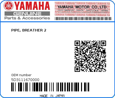 Product image: Yamaha - 5D3111670000 - PIPE, BREATHER 2 