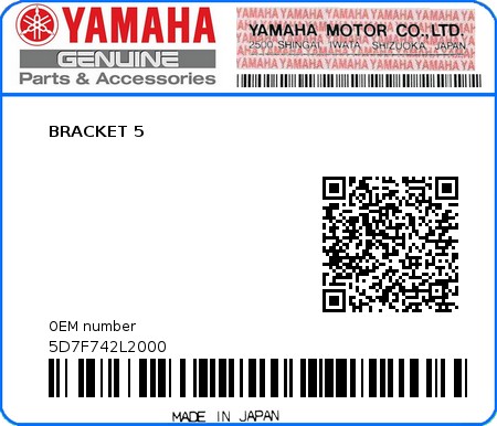 Product image: Yamaha - 5D7F742L2000 - BRACKET 5  0