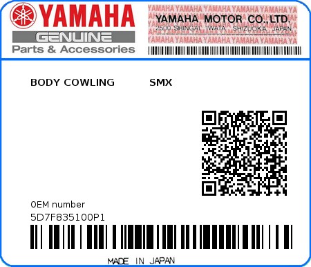 Product image: Yamaha - 5D7F835100P1 - BODY COWLING          SMX 