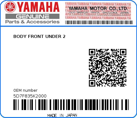 Product image: Yamaha - 5D7F835K2000 - BODY FRONT UNDER 2  0