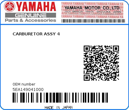 Product image: Yamaha - 5EA149041000 - CARBURETOR ASSY 4  0