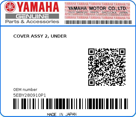 Product image: Yamaha - 5EBY280910P1 - COVER ASSY 2, UNDER 