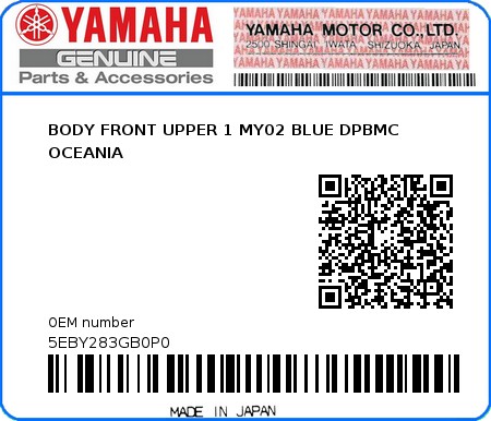 Product image: Yamaha - 5EBY283GB0P0 - BODY FRONT UPPER 1 MY02 BLUE DPBMC OCEANIA 