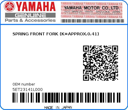 Product image: Yamaha - 5ET23141L000 - SPRING FRONT FORK (K=APPROX.0.41)  0