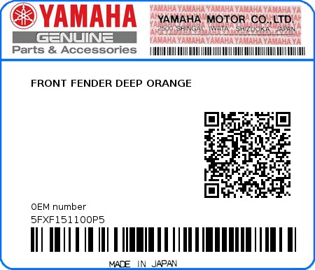 Product image: Yamaha - 5FXF151100P5 - FRONT FENDER DEEP ORANGE  0