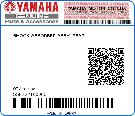 Product image: Yamaha - 5GH222100000 - SHOCK ABSORBER ASSY, REAR 