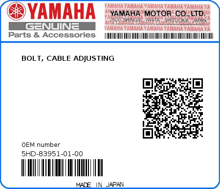 Product image: Yamaha - 5HD-83951-01-00 - BOLT, CABLE ADJUSTING 