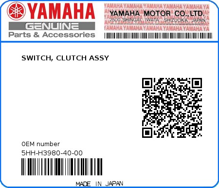 Product image: Yamaha - 5HH-H3980-40-00 - SWITCH, CLUTCH ASSY 