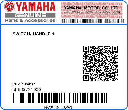 Product image: Yamaha - 5JL839721000 - SWITCH, HANDLE 4  0
