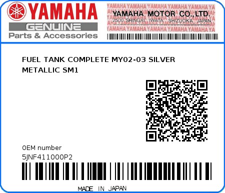 Product image: Yamaha - 5JNF411000P2 - FUEL TANK COMPLETE MY02-03 SILVER METALLIC SM1 