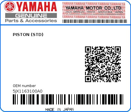 Product image: Yamaha - 5JX1163100A0 - PISTON (STD)  0