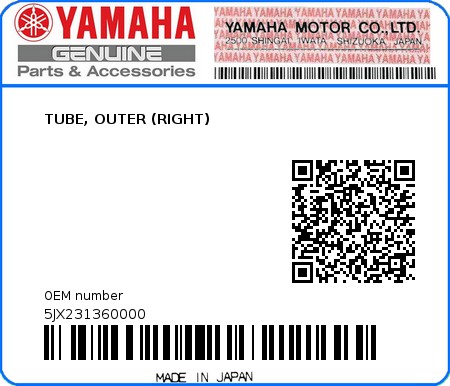 Product image: Yamaha - 5JX231360000 - TUBE, OUTER (RIGHT)  0