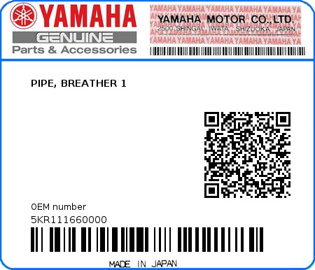 Product image: Yamaha - 5KR111660000 - PIPE, BREATHER 1  0