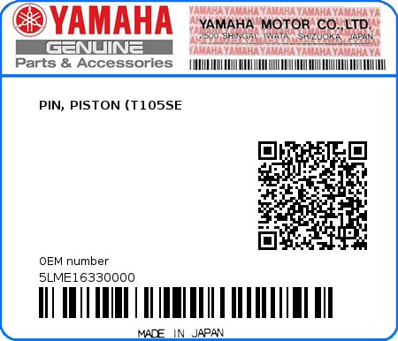 Product image: Yamaha - 5LME16330000 - PIN, PISTON (T105SE  0
