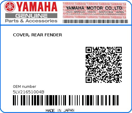 Product image: Yamaha - 5LV21651004B - COVER, REAR FENDER 