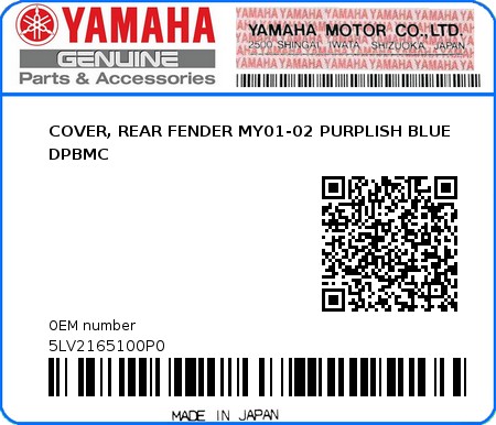 Product image: Yamaha - 5LV2165100P0 - COVER, REAR FENDER MY01-02 PURPLISH BLUE DPBMC 