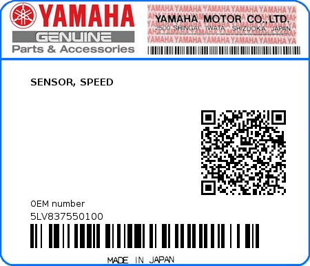 Product image: Yamaha - 5LV837550100 - SENSOR, SPEED 