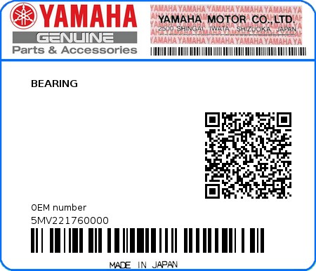 Product image: Yamaha - 5MV221760000 - BEARING  0