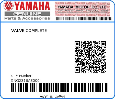 Product image: Yamaha - 5NG2316A6000 - VALVE COMPLETE   0