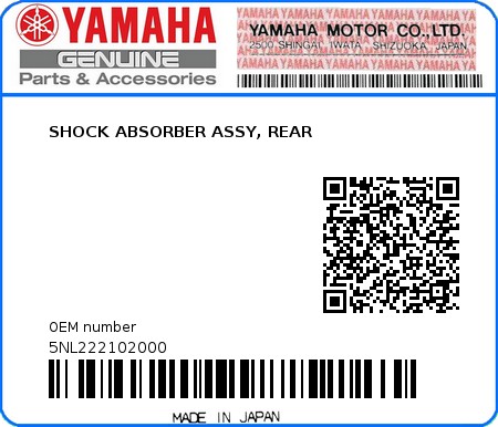 Product image: Yamaha - 5NL222102000 - SHOCK ABSORBER ASSY, REAR 