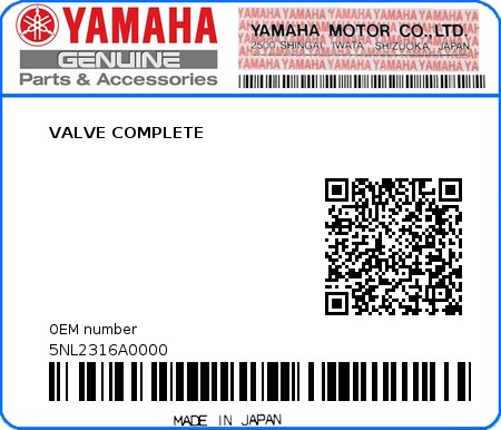 Product image: Yamaha - 5NL2316A0000 - VALVE COMPLETE   0